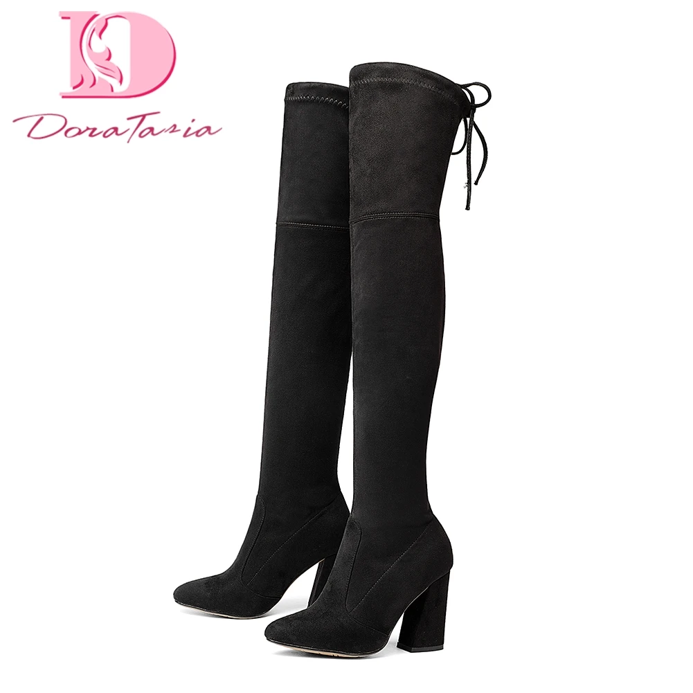 

DoraTasia 2018 New Flock Leather Women Over The Knee Boots Lace Up Sexy High Heels Women Shoes Winter Boots Warm Size 34-43