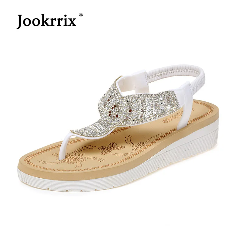 

Jookrrix Summer Boho Beach Shoes Women Fashion Bling Thong Sandal Lady Rhinestone Playa Wedges Shoes Female Crystal chaussure