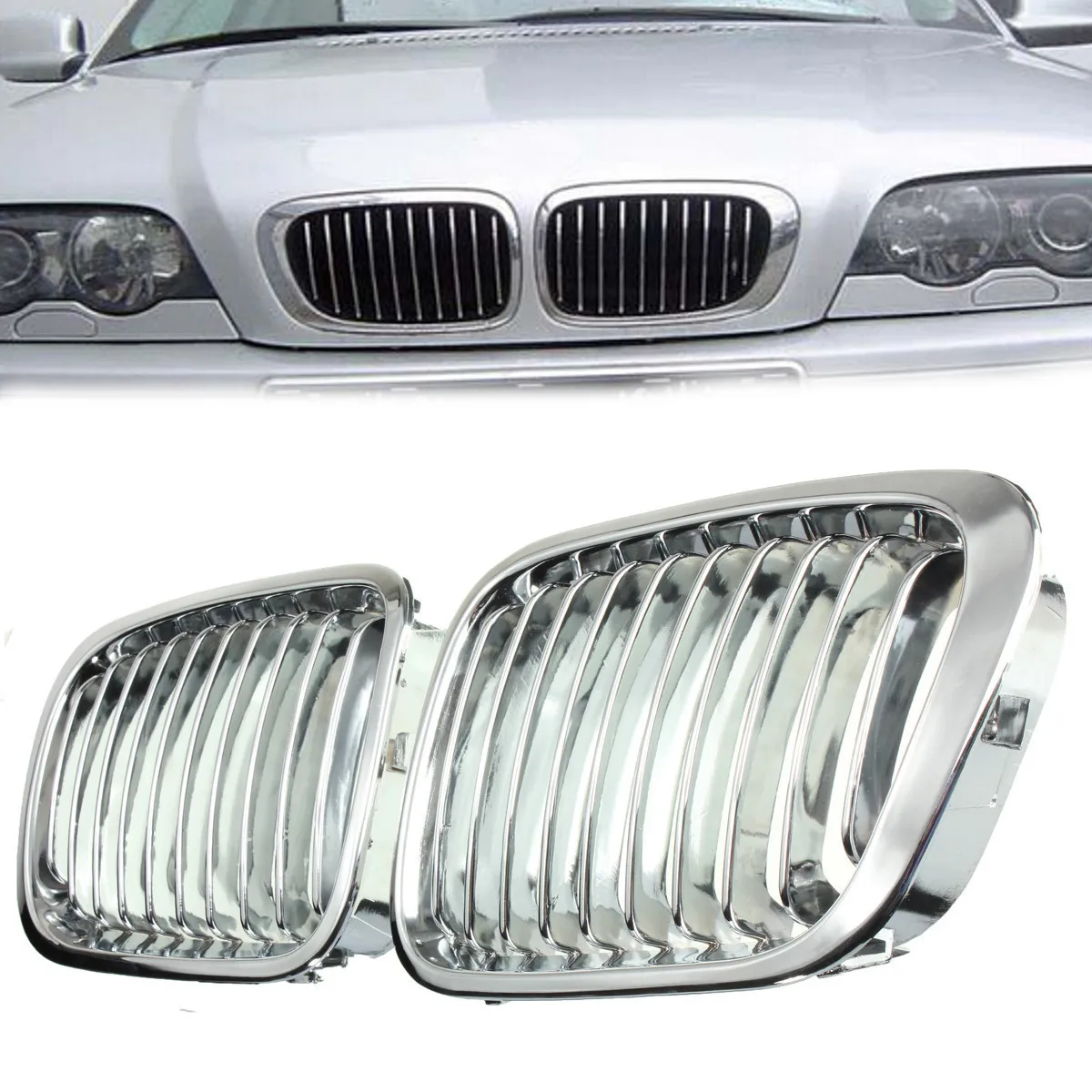 

2Pcs for BMW 3 Series E46 4 Door 1997 1998 1999 2000 2001 Car Front Left & Right Kidney Chrome Glossy Grill Grille