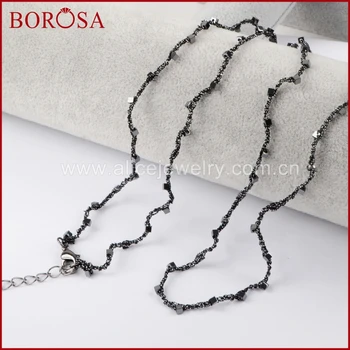 

BOROSA Druzy 2mm Square Hematite Bead Chain Necklace,Natural Hematite Bead Gun Black Chain Long Necklace for Women Jewelry WX572
