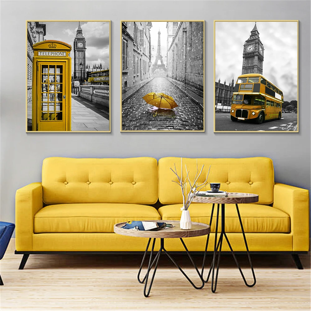 Скандинавские плакаты и принты желтые телефонные будки автобус черно-белые настенные художественные лондонские пары настенные картины для украшения гостиной