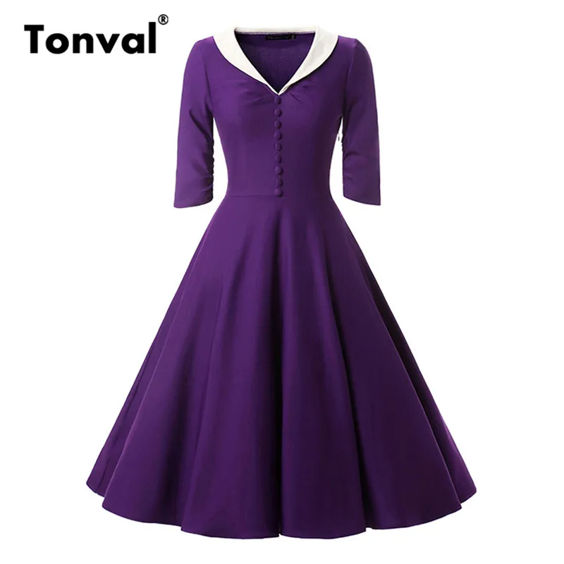 Tonval Rockabilly Dress Women Autumn Half Sleeve Button Dresses Turn-down Collar Vintage Style 50s Dress