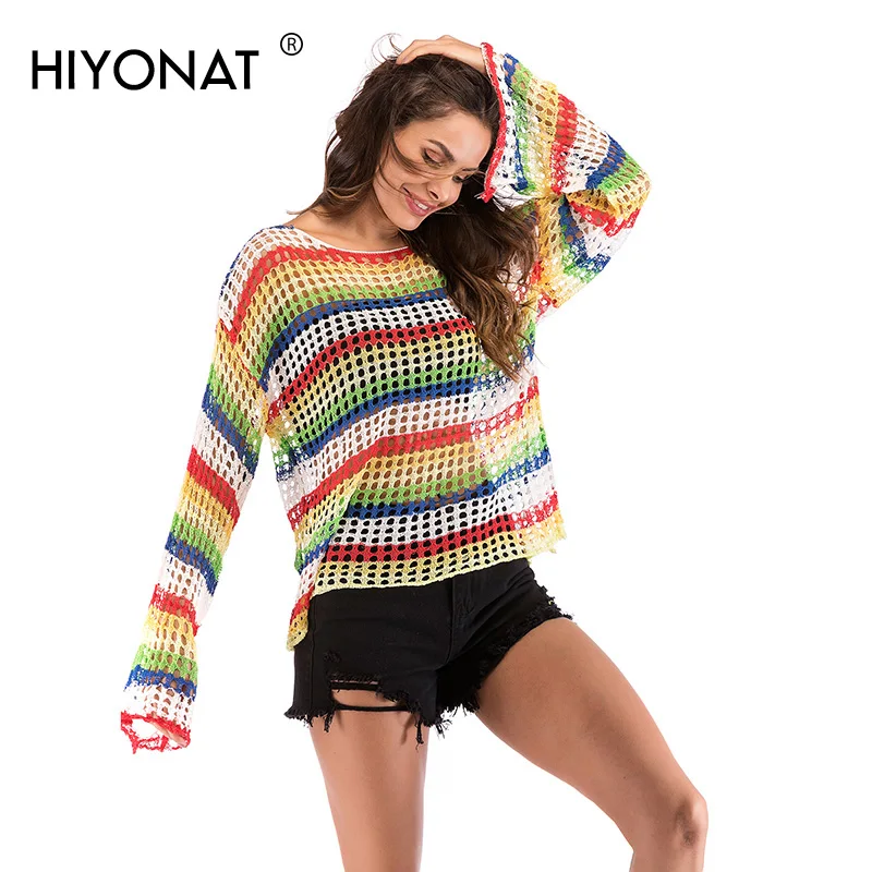 Hiyonat 2019 Elegant Hollow Out Sweater Women Long Sleeves Rainbow Striped Knitted Pullover Sweaters Pull Femme Spring Jumper