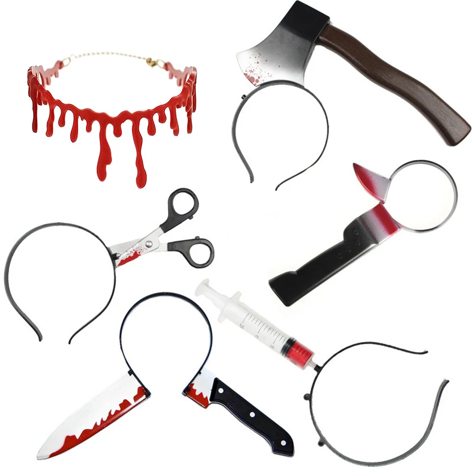 Tronzo Хэллоуин кровавый нож игрушка декор для Хэллоуина, вечеринки ножницы игла для ногтей через голову пластиковый обруч для головы пугающая маска
