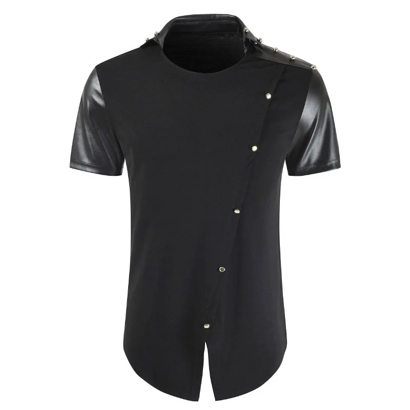 Мужские необычные дизайнерские кожаные Лоскутные хип-хоп Длинные футболки черного цвета с коротким рукавом мужские футболки для ночного клуба панк сценическая футболка - Цвет: Черный