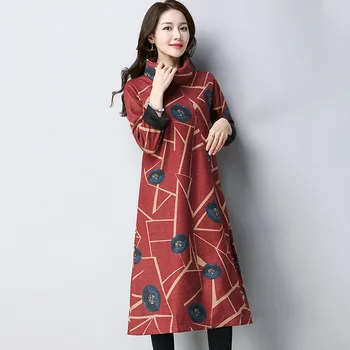 

Autumn Winter Dress Female High-Neck Long Sleeve Woolen Dress Plus Velvet Thickening 2018 New Large Size Print Dress LQ206