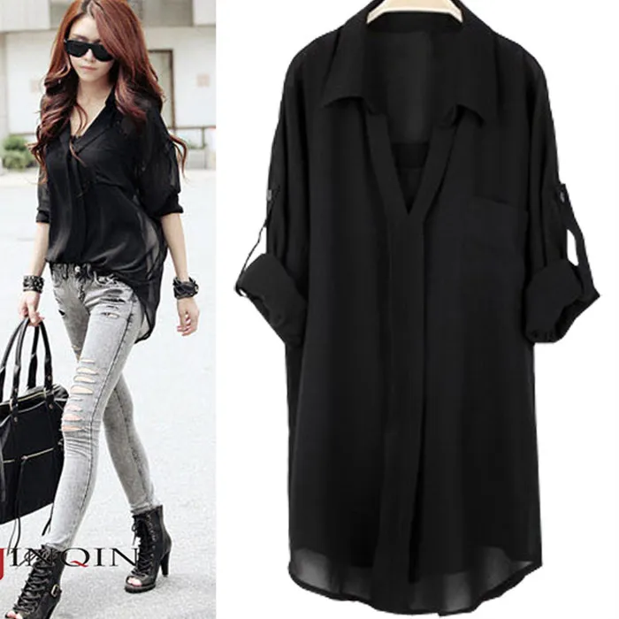 Fashion summer chiffon blouse long sleeve v neck roll up