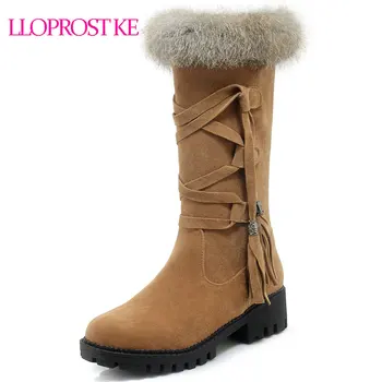 

Lloprost ke Women Warm Mid Calf Boots Zipper Fringes Winter Fur Shoes Women Mid Calf Boots Fashion Vintage Women Shoes D564