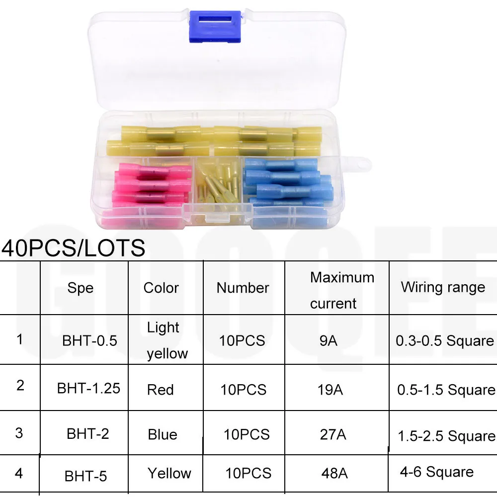 40pcs/lots Waterproof Heat Shrink Butt Connectors Electrical Wire Splice Cable Crimp Terminals Connectors AWG 22-10 Kit - Color: 40PCS