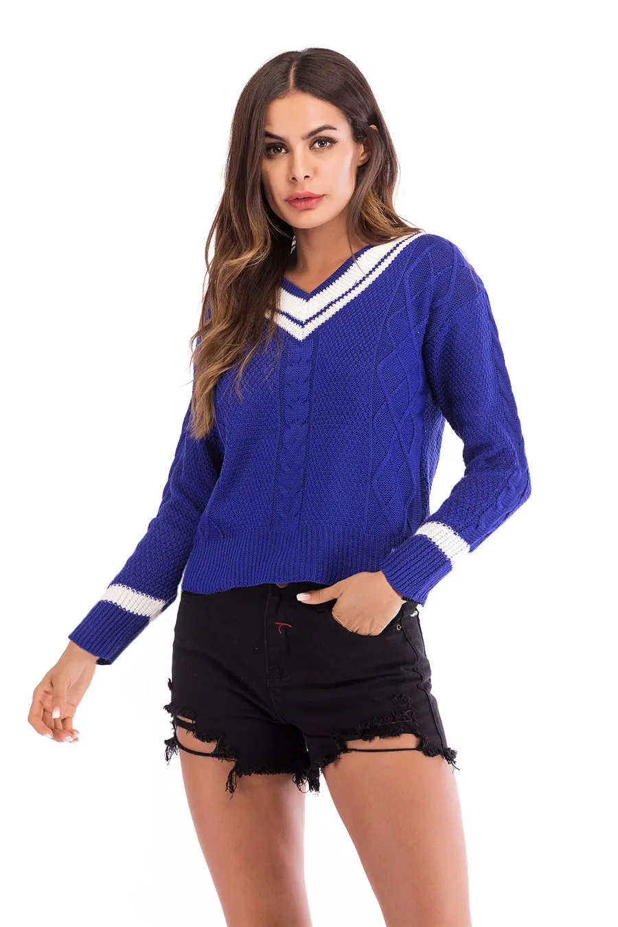 Gladiolus 2018 Striped Pullover Sweater Women V-Neck Long Sleeve Loose Autumn Winter Women Knitted Sweater Casual Jumper Tops (28)