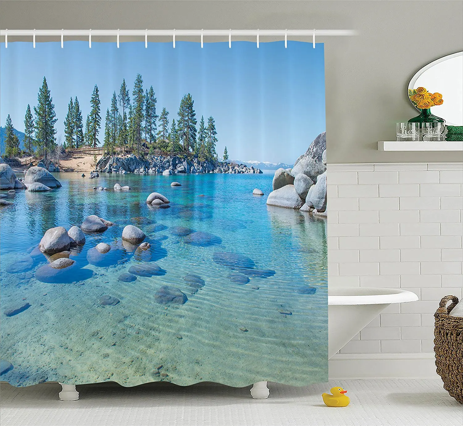 Blue Shower Curtain Lake House Decor Lake Landscape with Trees Rocks Forces of the Universe