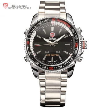 

LED Display Auto Date Alarm Silver Stainless Steel Black Shark Sport Watch Men Quartz Relogio Male Military Wristwatch / SH003