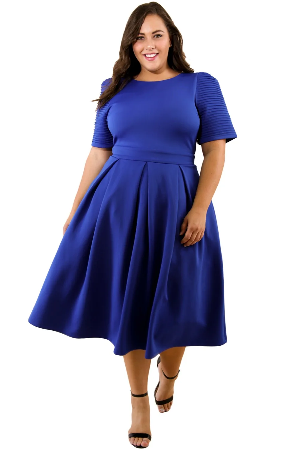 Blue-Plus-Size-Pleat-Flare-Dress-LC61843-5-1
