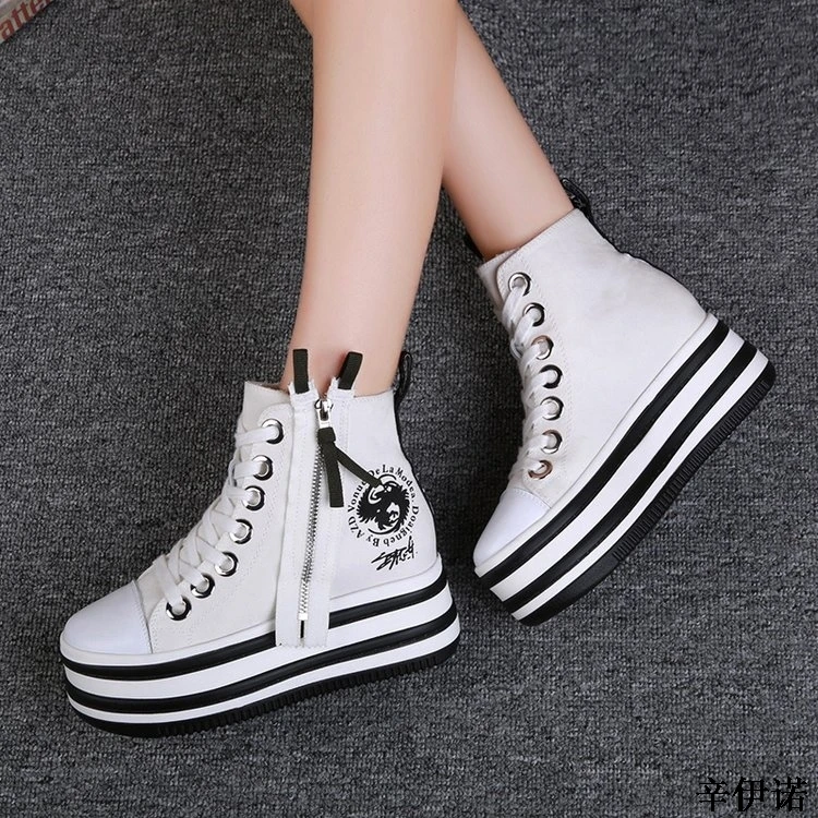 New Brand Women High top Casual Shoes Fashion Side Zipper Canvas ...