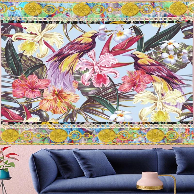 

Psychedelic Bird Flower Mandala Tapestry Vintage Pattern yellow chain Retro Wall Hanging Bohemian Home Decor Art Wall Carpets