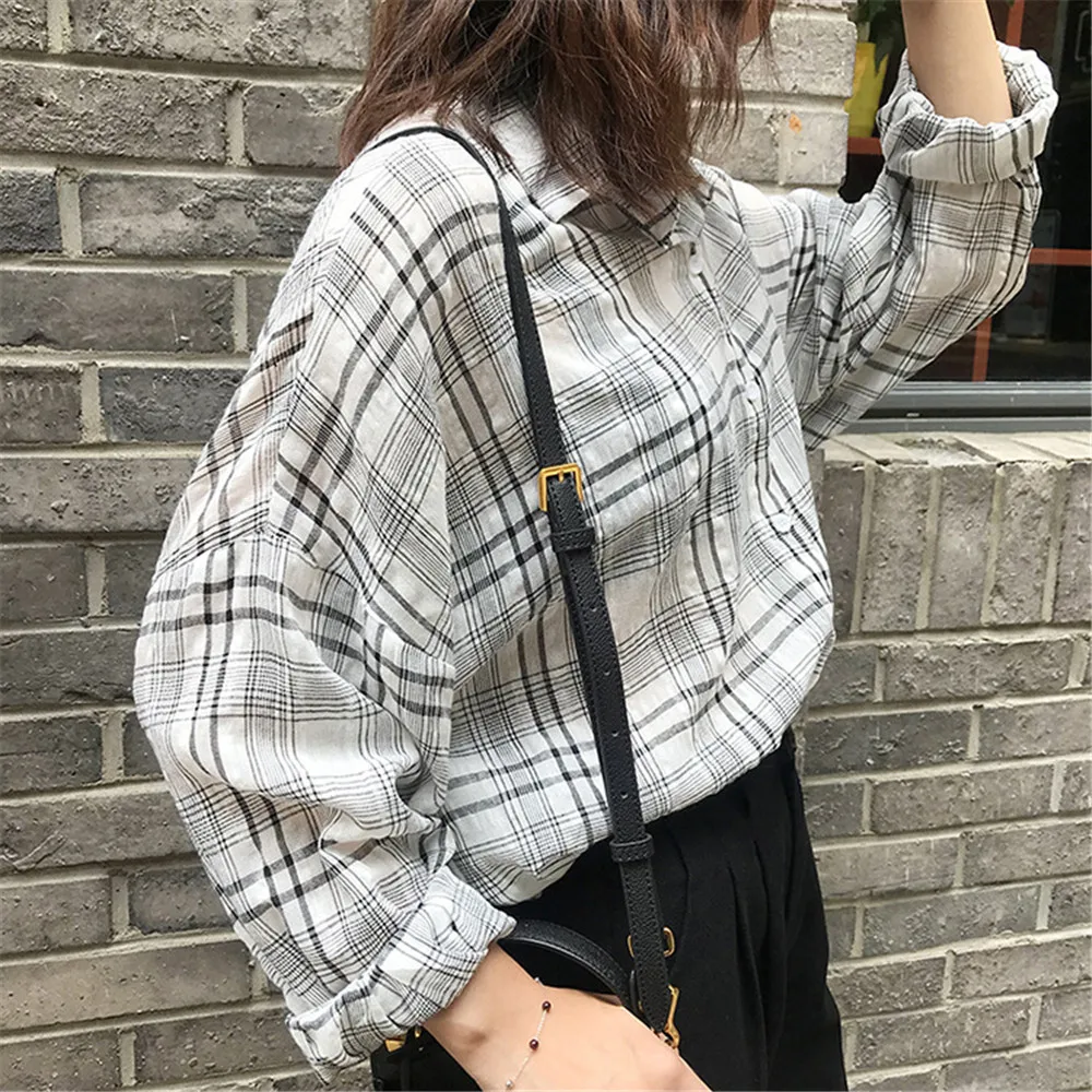  Wide Shoulder Plaid Women Blouses 2018 Autumn Linen Big Chest Plaid Shirts Loose Women Top Blusas Lantern Sleeve Clothing (18)