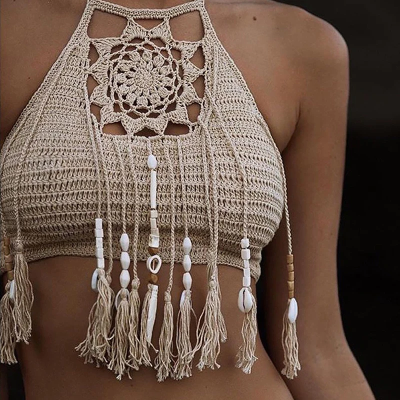 Boho пляж бикини Холтер Cami женщины крючком кружева Bralette вязать бюстгальтер Танк укороченный топ