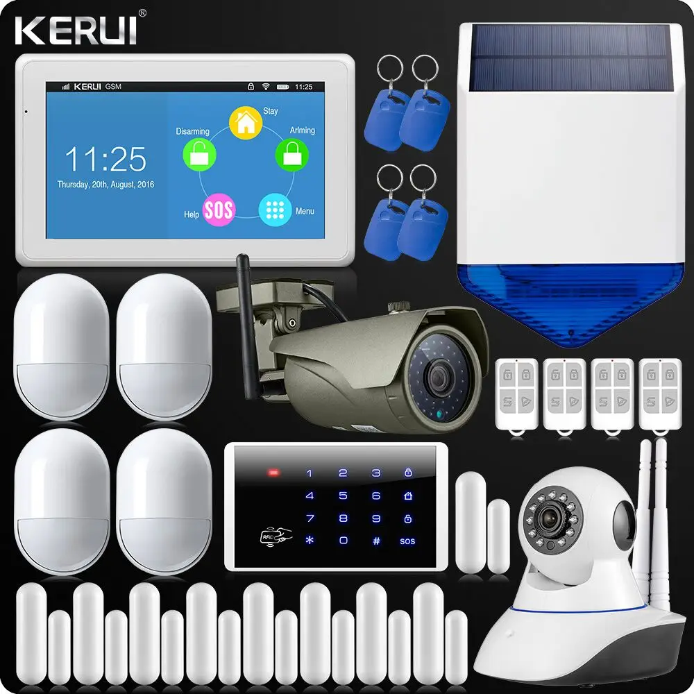 

KERUI Touch-Screen 7 Inch TFT Color Display WIFI GSM Alarm System Home Alarm Security Dual Antenna Wifi IP Camera Keypad Rfid