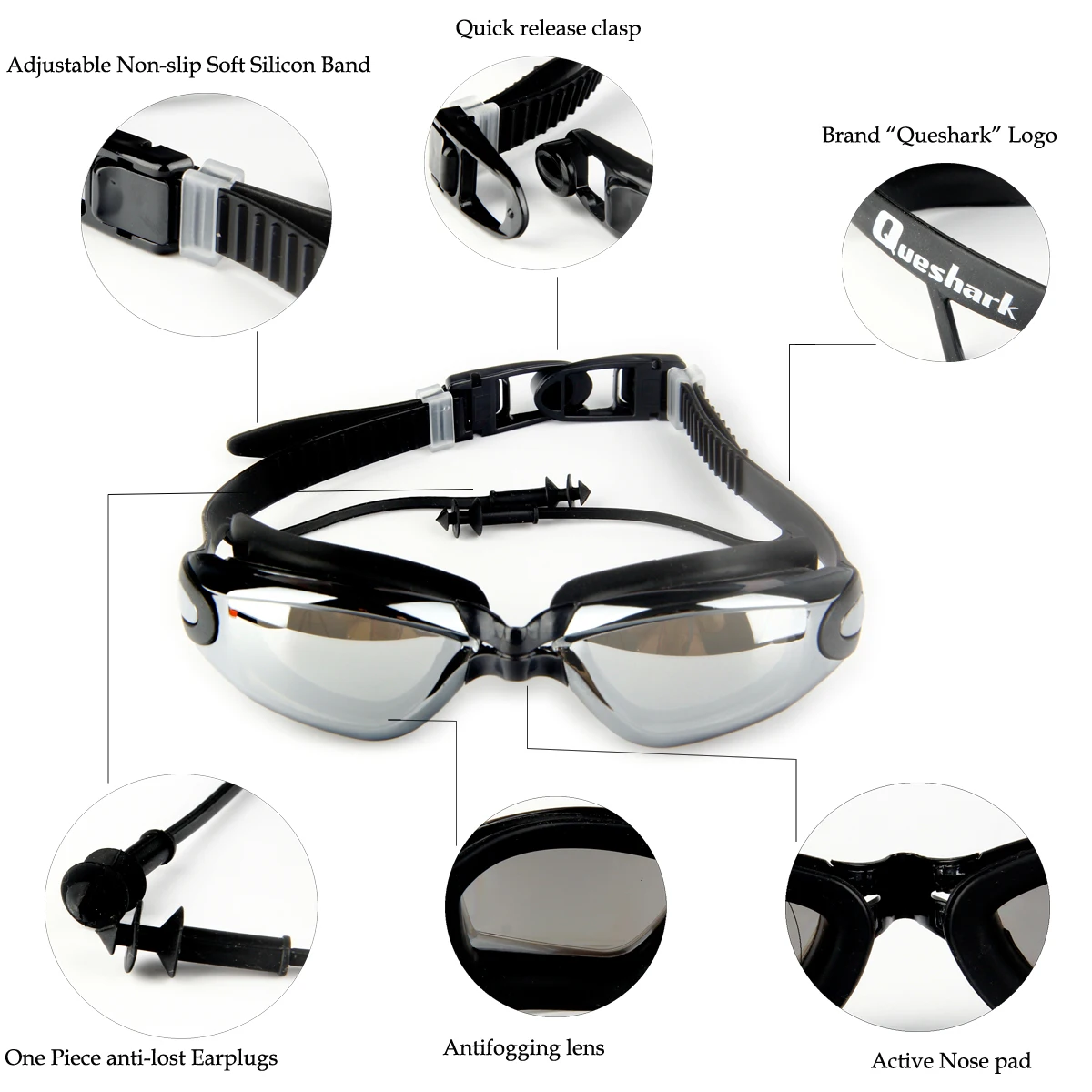 Queshark, водонепроницаемые силиконовые очки для плавания, противотуманные, с покрытием, водная диоптрия, очки для плавания, очки с затычками для ушей для мужчин и женщин