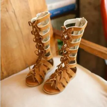 

Girls Sandals Children Gladiator Sandals Soft Flock PU Leather Summer Shoes Zipper Bowtie Cut-outs High Knee Shoes