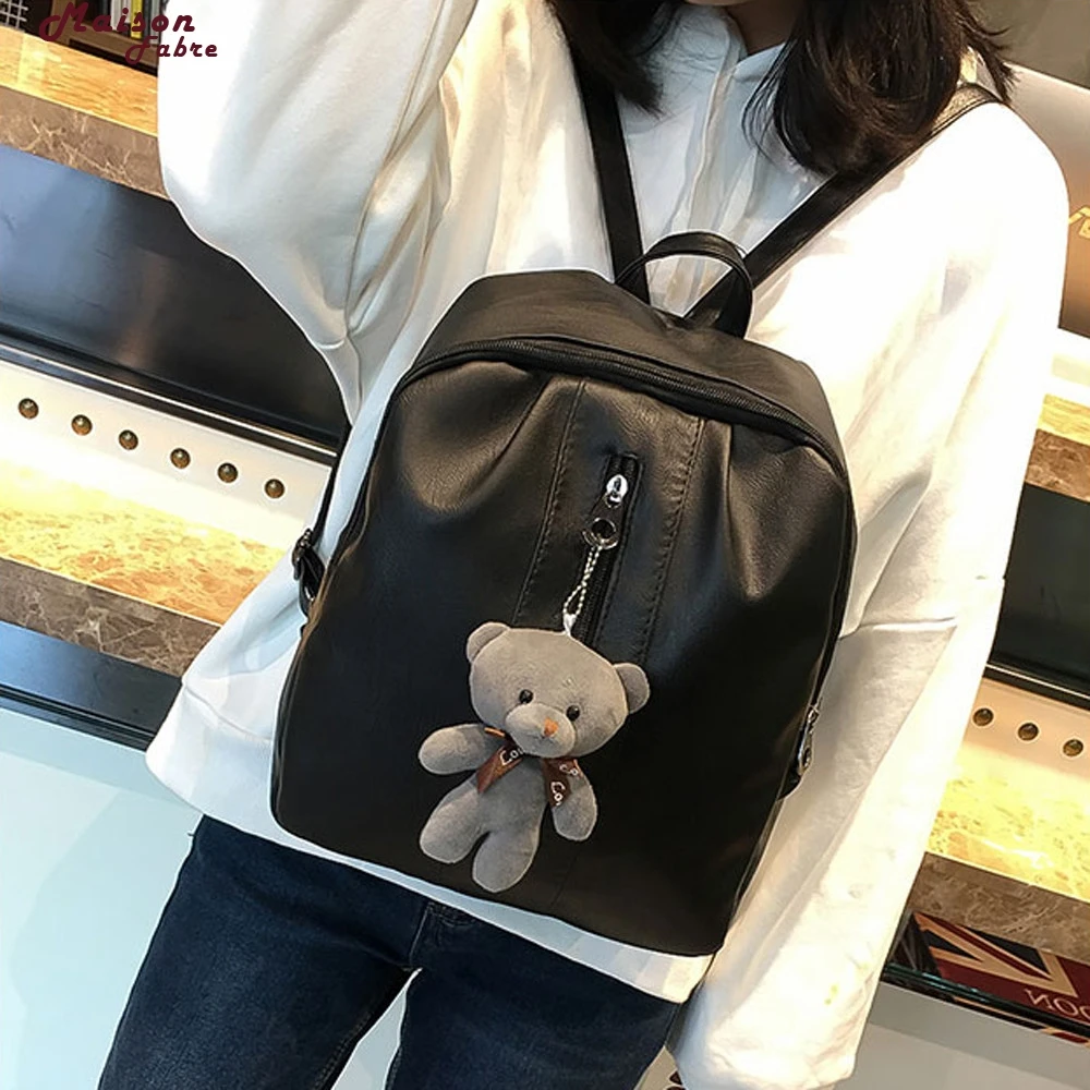 Maison Fabre Black Women Backpack Leather Women Backpack Bear Hang Backpack School Shoulder ...