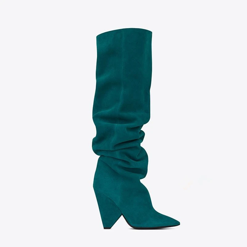 BuonoScarpe Leather Knee High Boots Woman Pointed Toe Strange High Heel Shoes Women Chic Spike Heel Long Pleated Boots New