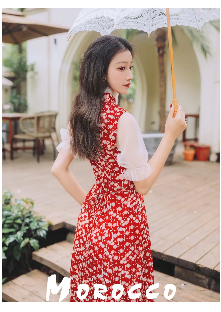 Trytree Summer Women Dress Casual Elegant Mandarin Collar Lantern Sleeve Ruffles Print Dresses Mid-Calf A-line Cheongsam Dress