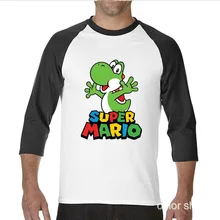Смешно Хип-хоп с принтом забавные Swag Super Mario Bros Йоши забавные Длинные футболки с рукавом реглан Футболка мужская