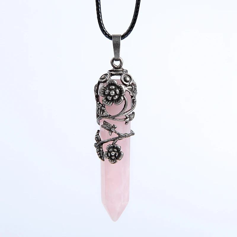 

Newest Summer Antique Silver Color Flower Wire Wrapped Hexagon Prism Point Stone Healing Reiki Pendant Necklace for Women Ladies