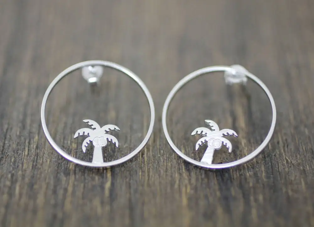 Dainty Palm Tree and Circle Earrings, Tree Pendant stud earrings, Tropical earrings, Beach Jewellery