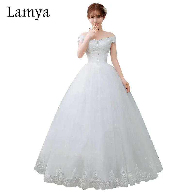 

LAMYA Plus Size Cheap Crystal Wedding Dress 2019 Fashion Bridal Gowns Sexy Boat Neck Elegant vestido de noiva