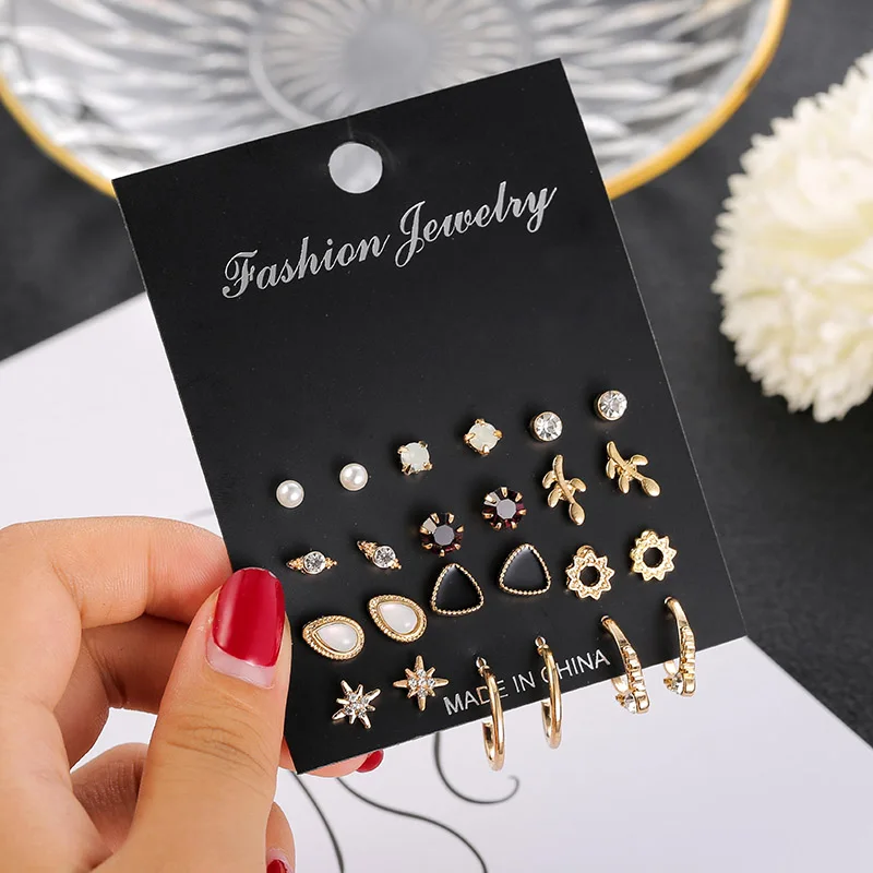 

fashion golden geometric triangle planting leaf earrings mixed rhinestone simulated pearl star stud earrings set for women