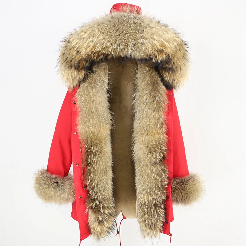 OFTBUY, зимняя женская куртка, пальто из натурального меха, длинная парка, воротник из натурального меха енота, Толстая теплая уличная верхняя одежда, Повседневная Новинка - Цвет: red natural F