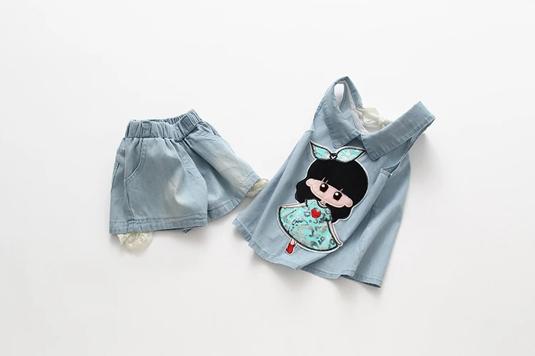 Girls Clothes 2018 Summer Casual 2-10 Years Old Kids Little Baby Cartoon Girl T Shirt+Shorts 2 Piece Lace Denim Blue Suit Set (14)
