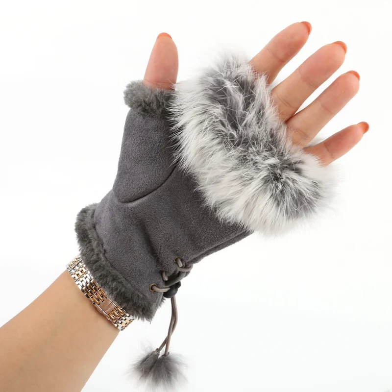 Rabbit Fur Leather Lady Fingerless Suede Mittens Women Winter Warmer
