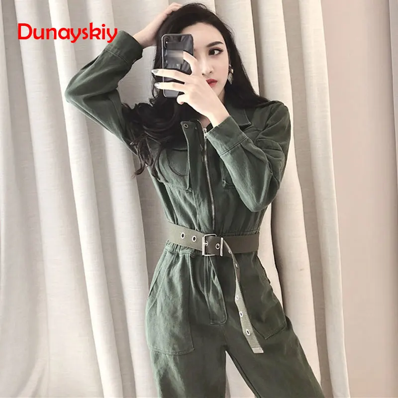

Denim Overalls Cowboy Vintage Ripped Workwear Slim Fit Denim Jumpsuit With Jacket Work Suit Army Green Waist Belt