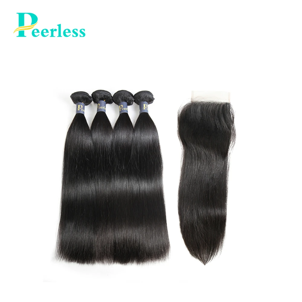 PEERLESS Hair Brazilian Virgin Straight Human 4 Bundles Deals With Free&ampMiddle Part 4*4 Swiss Lace Closure |