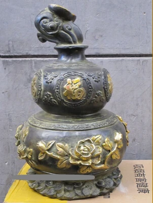 

004727 16"China Bronze Peony gourd homophonic "Fu Lu " good fortune lucky Hu Lu Statue
