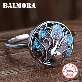 

BALMORA 925 Sterling Silver Peacock Animal Enameling Open Rings for Women Lady Party Vintage Fashion Jewelry Anillos SY22331