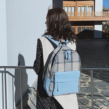 

Fashion Plaid Canvas Backpack For Women Simple Youth Travel Backpack Leisure School Bag Tote For Teen Girl Shoulder Bag