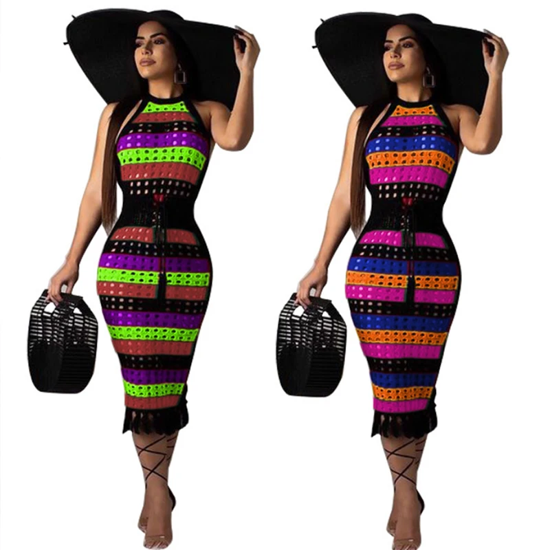 Liva فتاة النساء Bodycon اللباس 2019 نكهة شيك مزاجه اللون خليط شنقا س الرقبة الخصر رقيقة اللباس فتاة