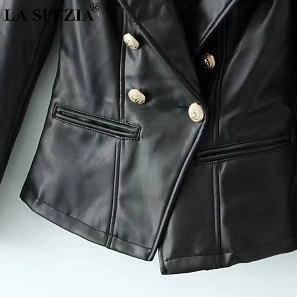 LA SPEZIA Double Breasted Leather Jacket Women Black Motorcycle Coat Female Cool Biker Pockets Punk Autumn Vintage Jackets 2019