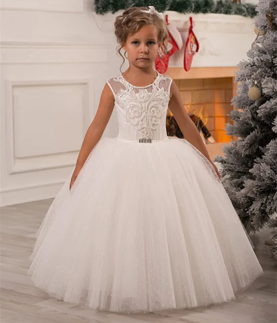 

White Ivory Shiny Pearls Flower Girl Dresses for Girls Ball Gown Lace Up First Communion Dress Birthday Gowns Custom Made