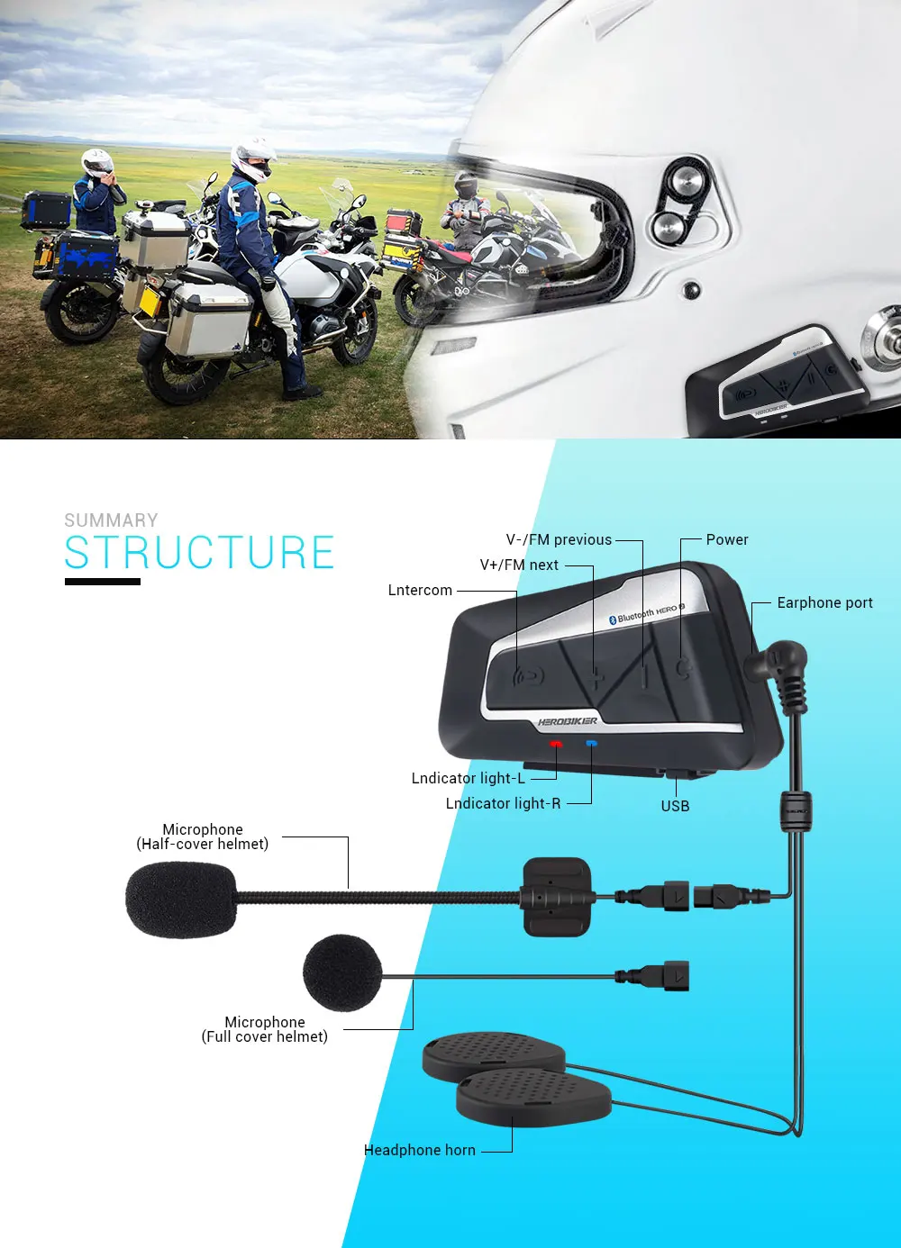 HEROBIKER 1200 м BT мотоциклетный шлем Интерком водонепроницаемый беспроводной Bluetooth Мото гарнитура домофон с FM радио для 2 аттракционов