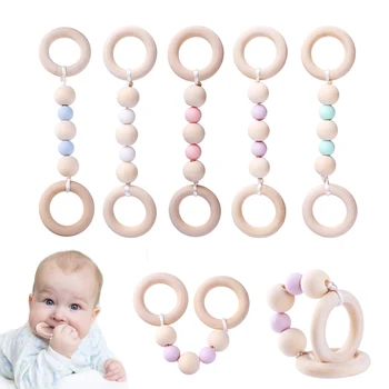

Baby Wooden Beads Silicone Teether Ring Chain for Infant Nursing Silicone Teething Tooth Training Accessories Newborn Baby Care