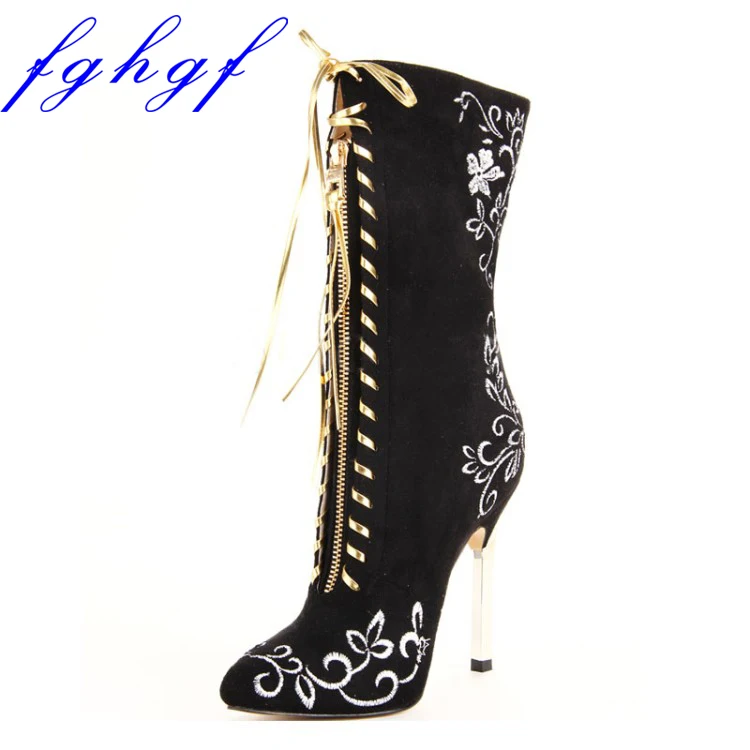 

Fghgf 2018 New Embroidered Boots with 11cm heel height, pointed head, fashionable and sexy, with gold trim, size US 5-11