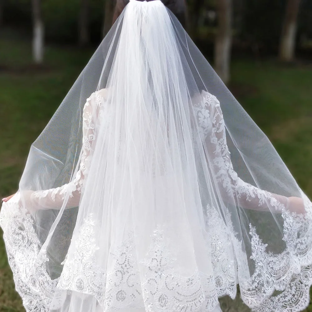 Customized Real Photos 2 Layers Sequins Lace Cathedral Woodland Wedding Veils with Comb 3M Long White Ivory 2 T Bridal Veils 4