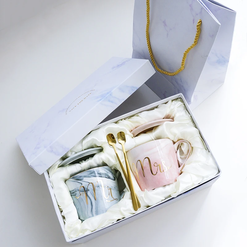 

Entertime set of 2pcs Ceramic Marble Cups Mr and Mrs Coffee Mugs Set with spoon and lid with gift box and bag