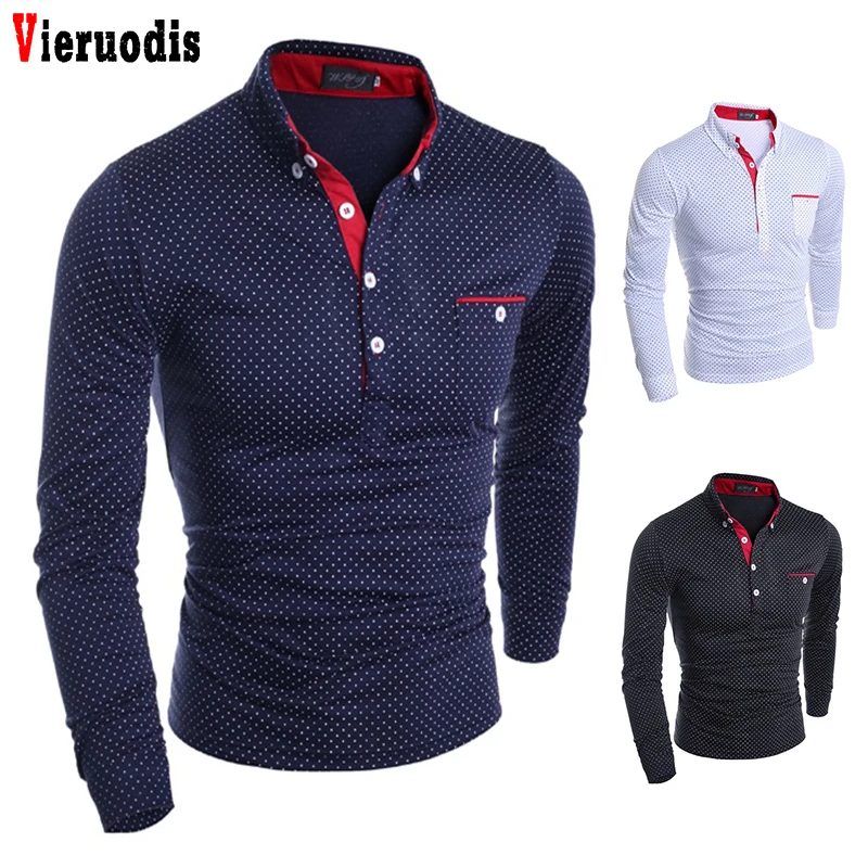 

Brand New 2019 Autumn Mens Polo Male Long Sleeve Fashion Casual Slim Polka Dot Pocket Button Polos Slim Men Jerseys