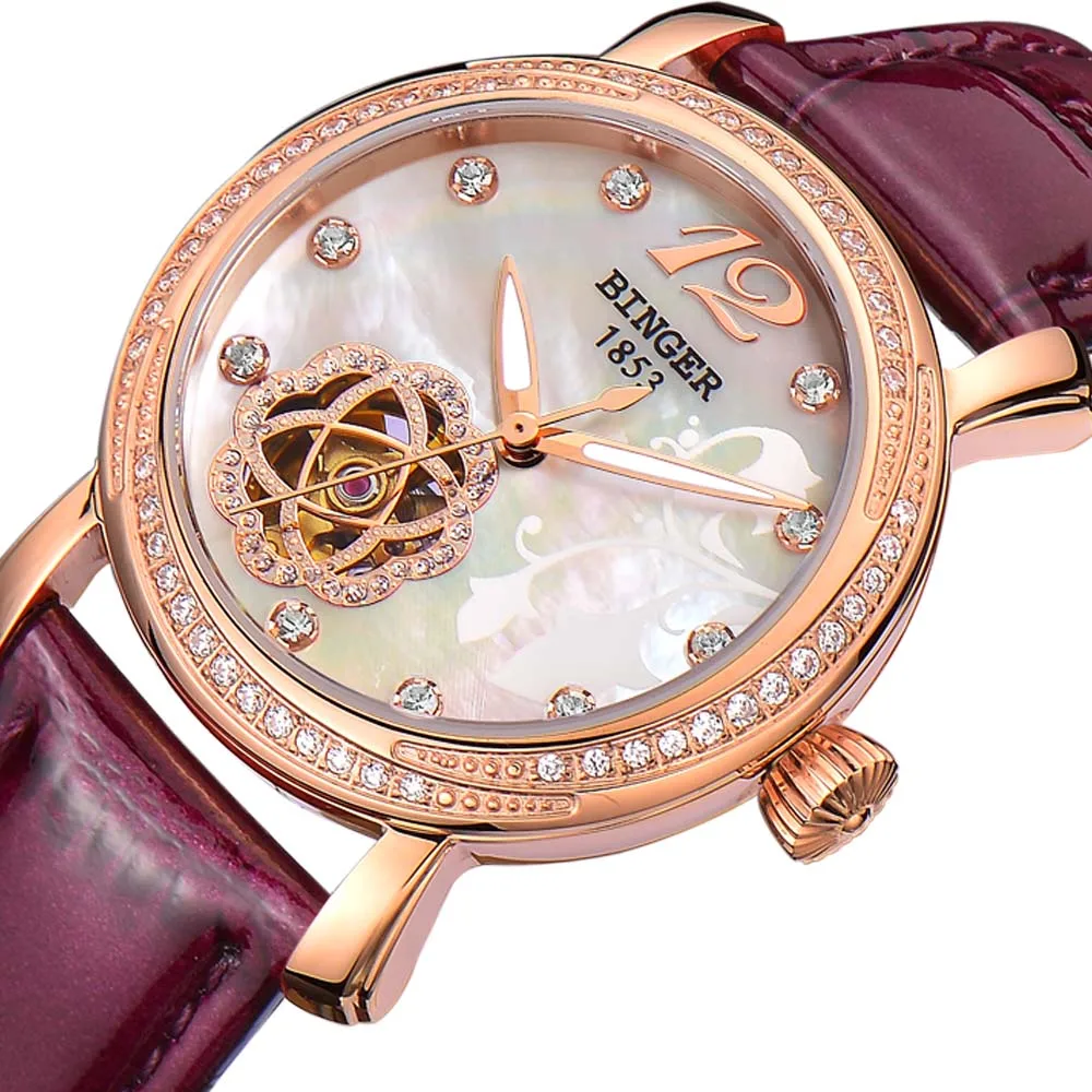 Japan MIYOTA Automatic Watches BINGER Brand Women Mechanical Watch Female Form Queen Series Rose Gold Waterproof Diamond - Цвет: 04